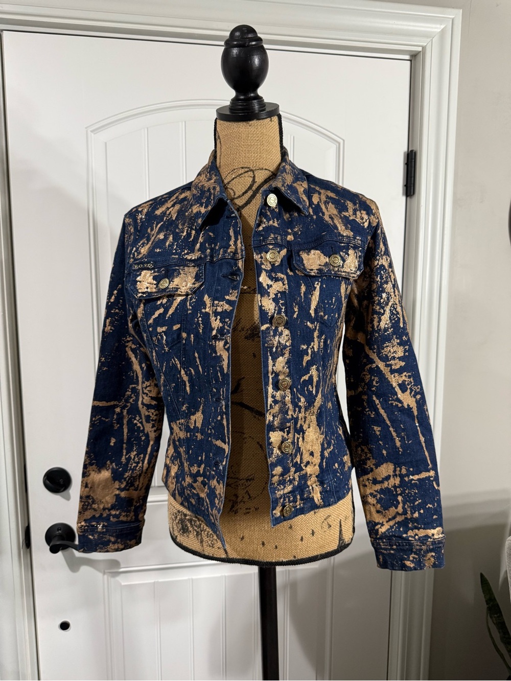 Paint-Splash Denim Jacket in Navy and Tan